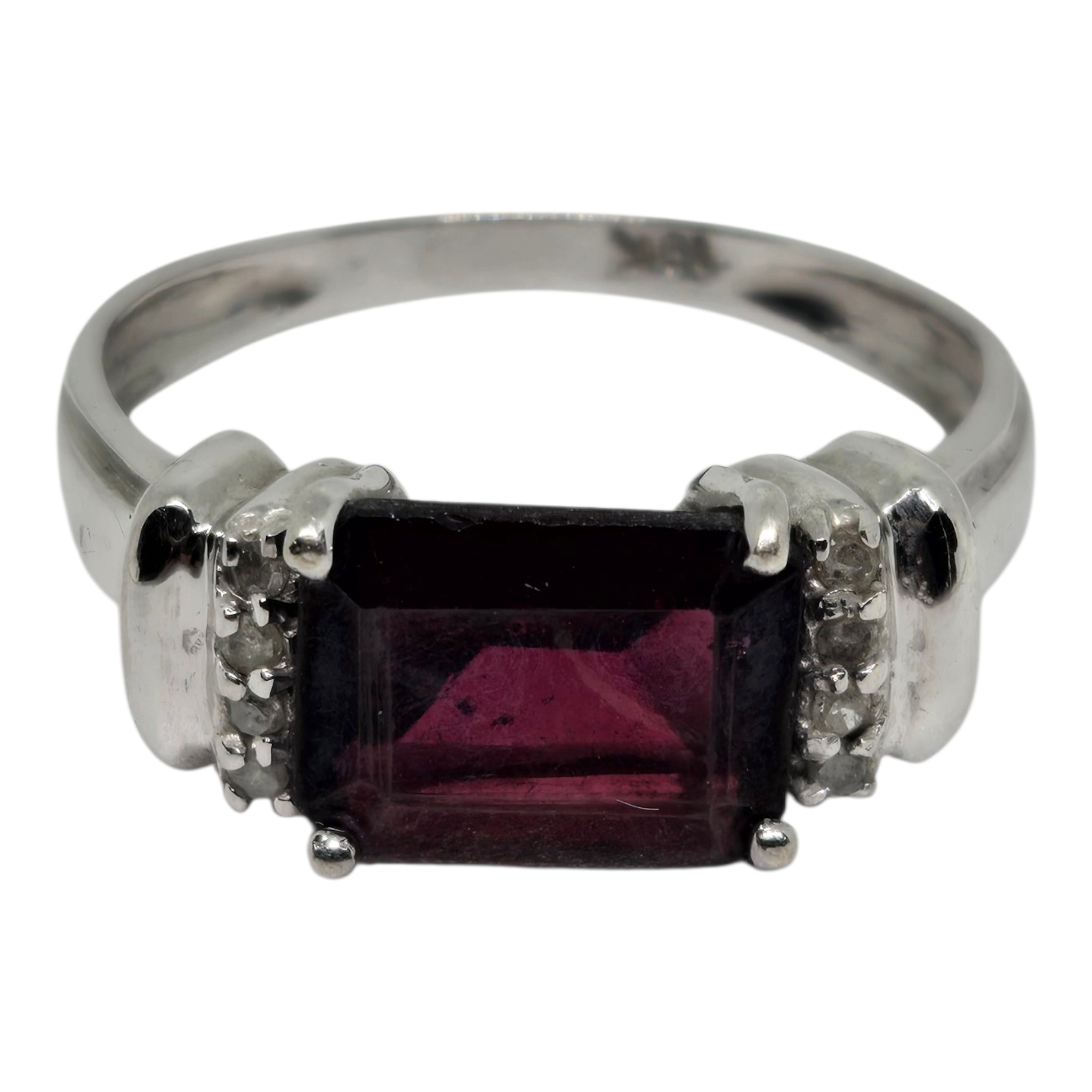 Solid 10k White Gold With Deep Red Emerald-Cut Garnet & Diamond Accent Ring